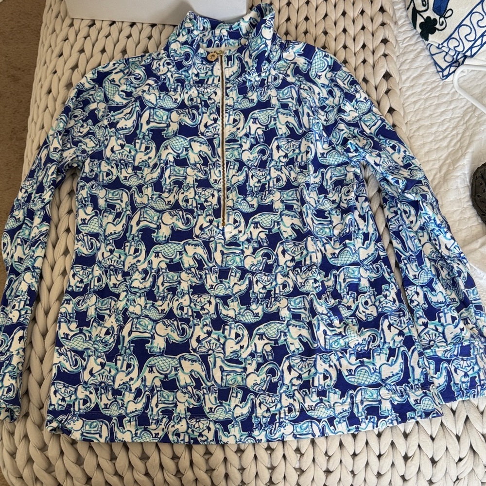 Blue and White Elephant Patterned Quarter-Zip Pullover